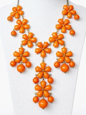 Orange Floral Statement Bib Necklace 23” Bold Resin Flower Cluster Drop Necklace